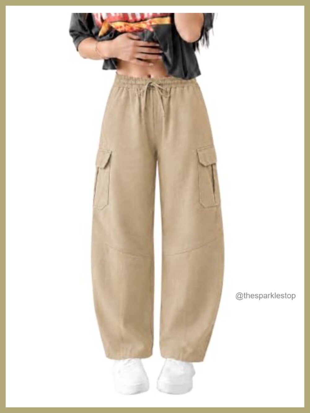 Cotton Barrel Cargo Pants Women Mid Rise Baggy Drawstring Jean with Pockets